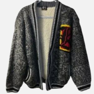 Vintage Shearling Sweater Mens Medium Gray Cardigan City Skyline Abstract Gigi